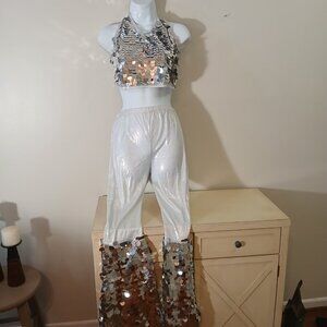 2-piece Disco costume - white with silver discs - size med girl/small women